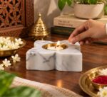 White Marble Flower Diya – Brass Bowl - Image 3