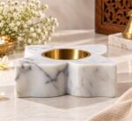 White Marble Flower Diya – Brass Bowl - Image 2